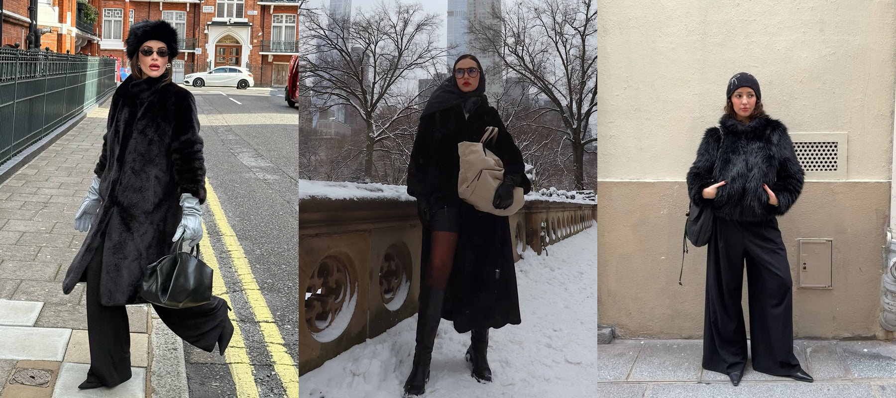Woman in black winter outfit with fur-lined coat and gloves in various urban settings.