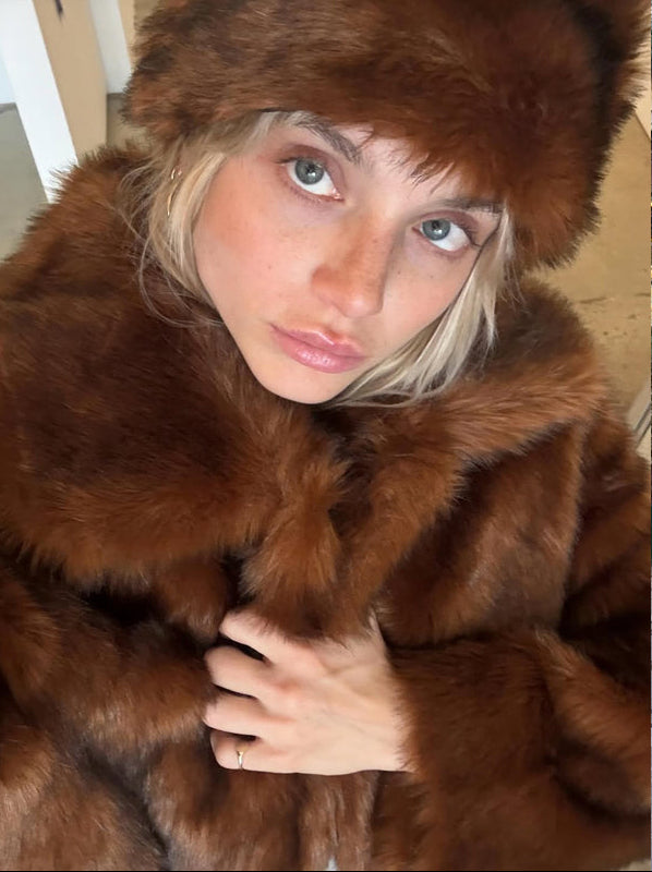 Three people in different settings wearing fur coats.