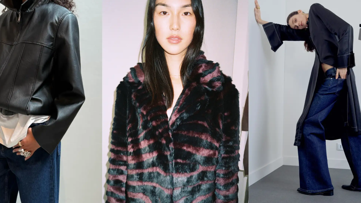 Three people wearing different outerwear styles with text about current trends.