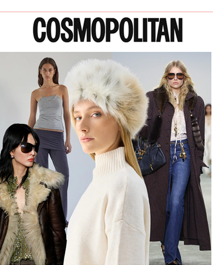 Cosmopolitan magazine cover with models in winter fashion attire.